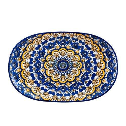 Ceramic mandala oval serving platter with intricate blue and yellow design