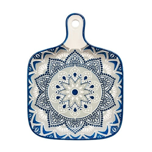 Front view of a square ceramic mandala serving platter with a handle in blue and grey pattern