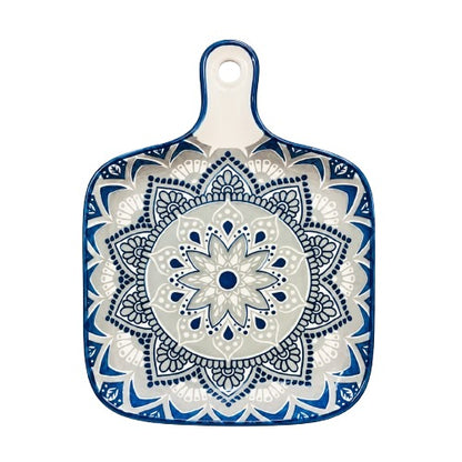 Front view of a square ceramic mandala serving platter with a handle in blue and grey pattern