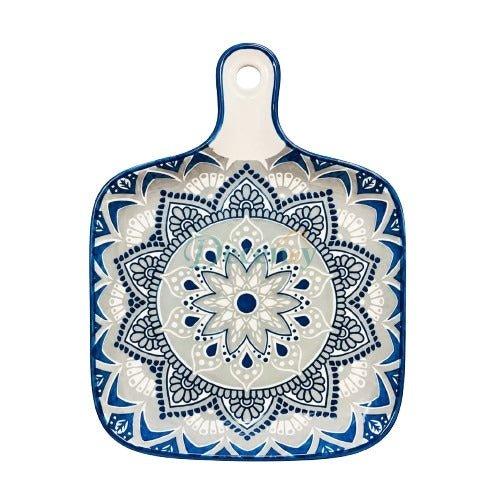 Front view of a square ceramic mandala serving platter with a handle in blue and grey pattern