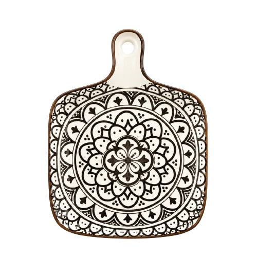 Square ceramic serving platter with handle featuring a black and white mandala pattern