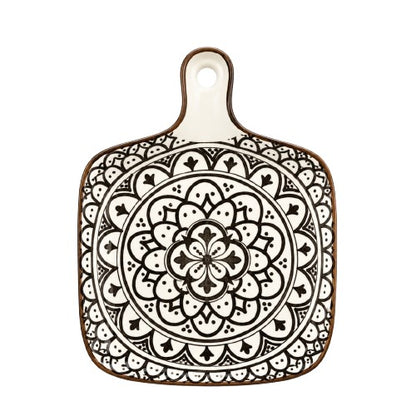 Square ceramic serving platter with handle featuring a black and white mandala pattern