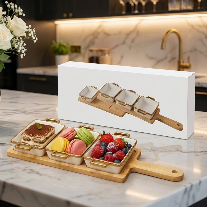 Luxury 3-piece rectangular white ceramic serving bowls with gold handles on a bamboo wood tray featuring desserts and fruits.