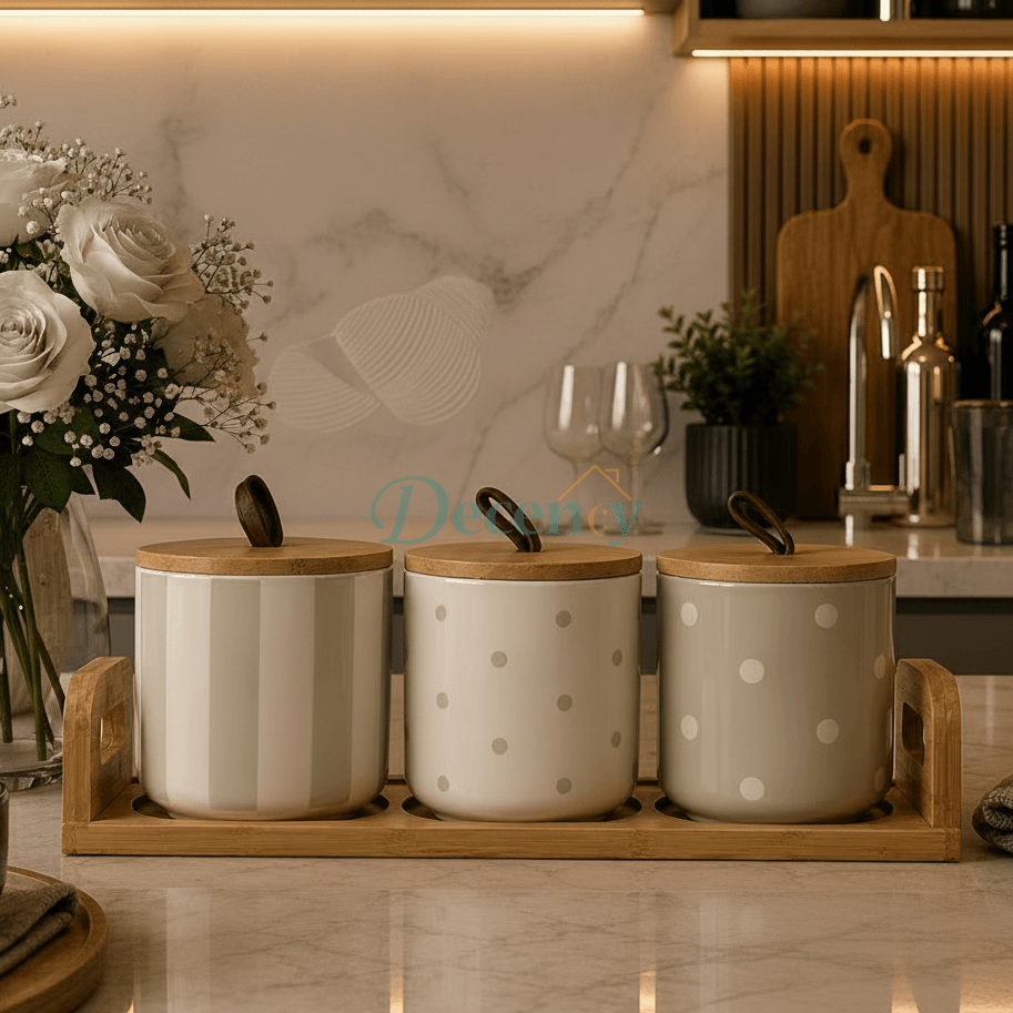 3-piece white ceramic spice jar set placed on a wooden