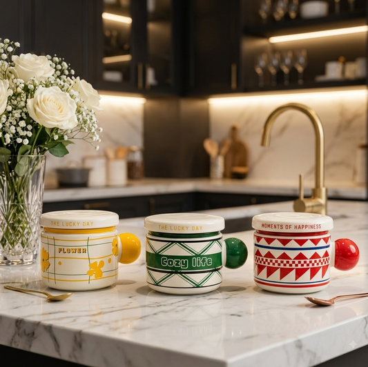 Three aesthetic ceramic tea mugs with lids and round ball handles placed on a modern kitchen counter.