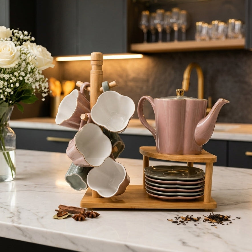 Luxury ceramic tea set with pink teapot, ceramic cups, and wooden storage stand