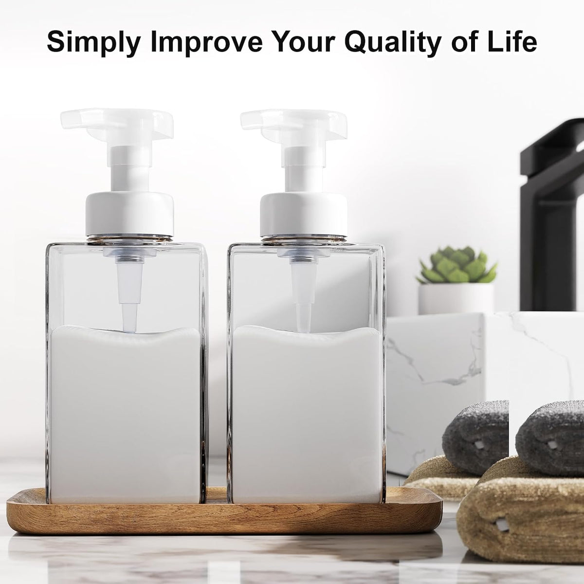 Square clear 450ml foaming soap dispenser with white pump mechanism