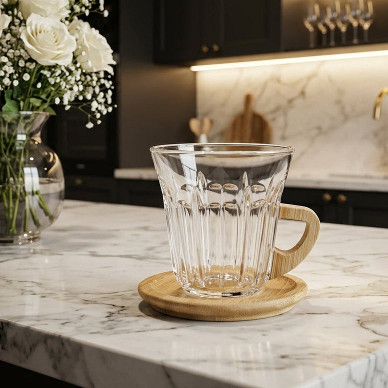 Clear fluted glass tea cup resting on a matching wooden saucer on a marble kitchen counter.