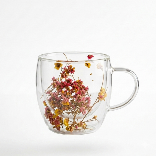Clear wildflower double wall glass mug 250ml with dried teal and white flowers inside