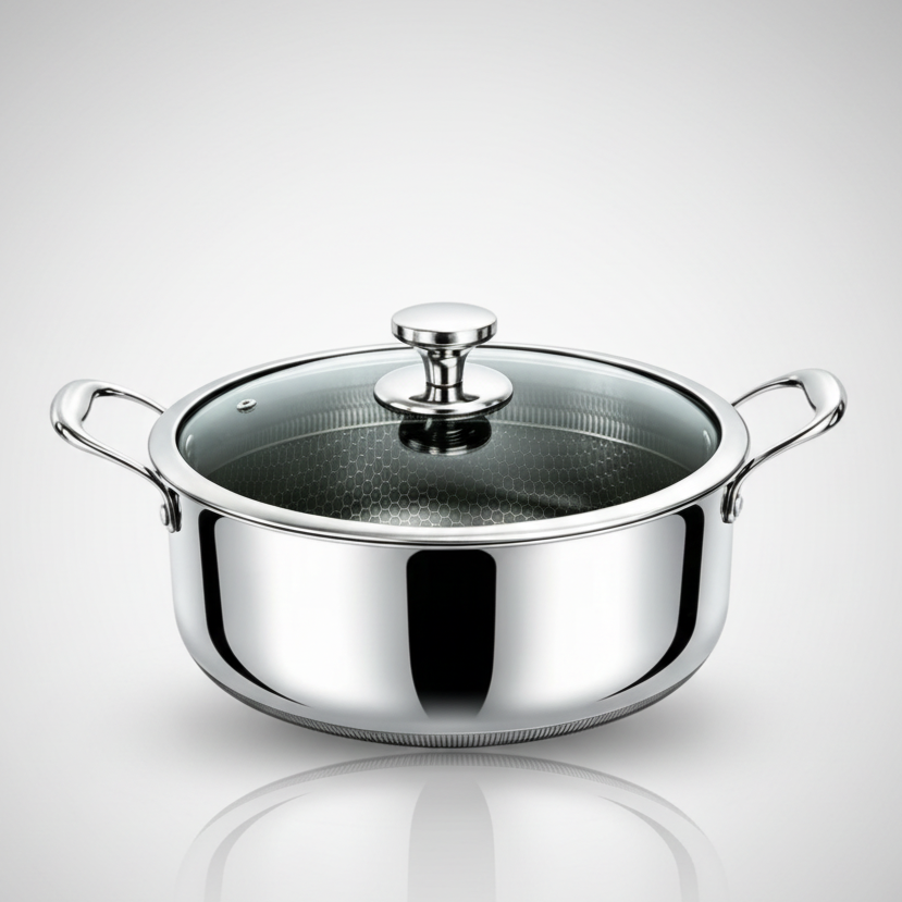 Close-up of CONTAY cooking pot glass lid with heat-resistant steel knob