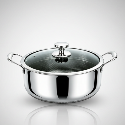 Close-up of CONTAY cooking pot glass lid with heat-resistant steel knob