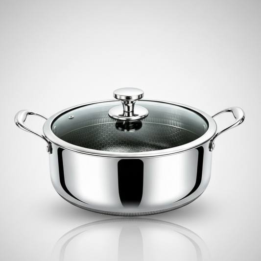 Close-up of CONTAY cooking pot glass lid with heat-resistant steel knob