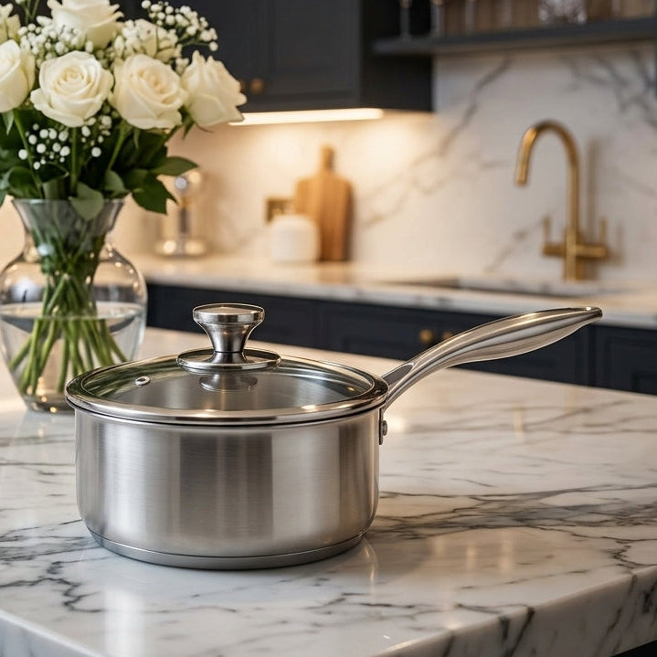 Contay 18 cm stainless steel saucepan with glass lid on a marble kitchen counter