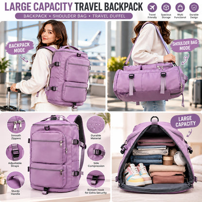 Purple 3-in-1 convertible travel duffle bag shown in multiple carrying angles