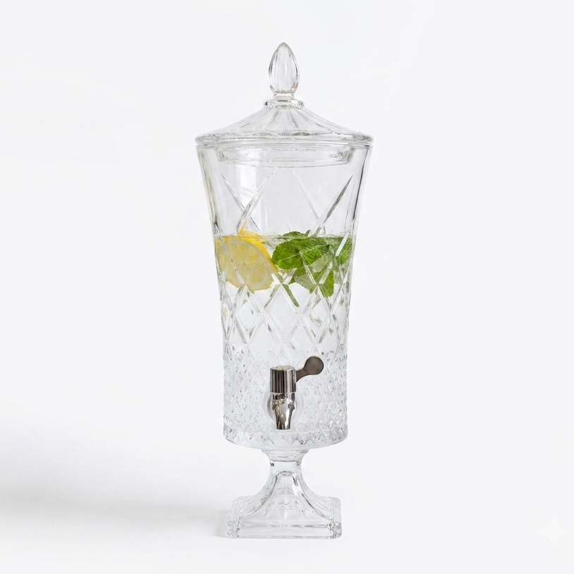 4.5-liter crystal glass beverage dispenser filled with lemon mint detox water on a formal dining table.