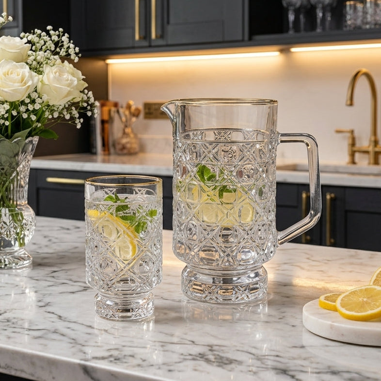 Crystal Geo glass water set featuring a 1.5L jug and matching 250ml glasses on a marble table