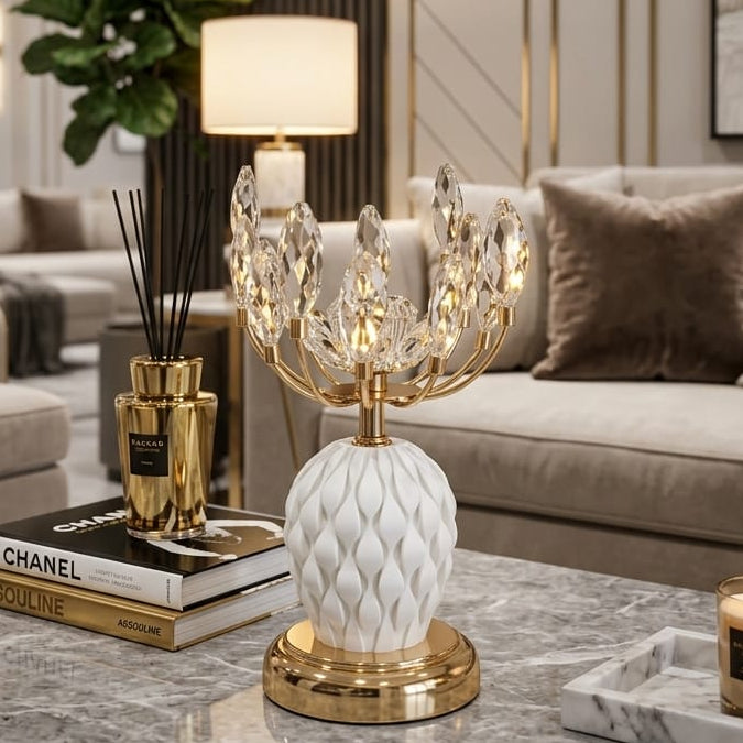 Luxury crystal lotus candle holder in gold and white finish, model A-3065