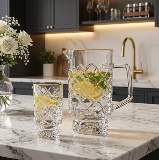 7-piece luxury crystal glass jug and 6 glasses set on a marble countertop