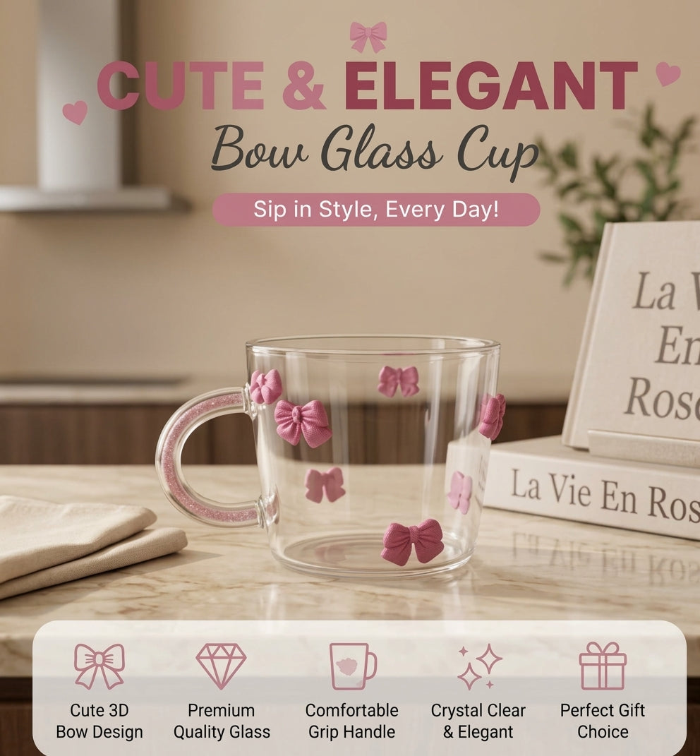 Cute 3D bow glass cup with pink ribbon bow embellishments placed on a tabletop 