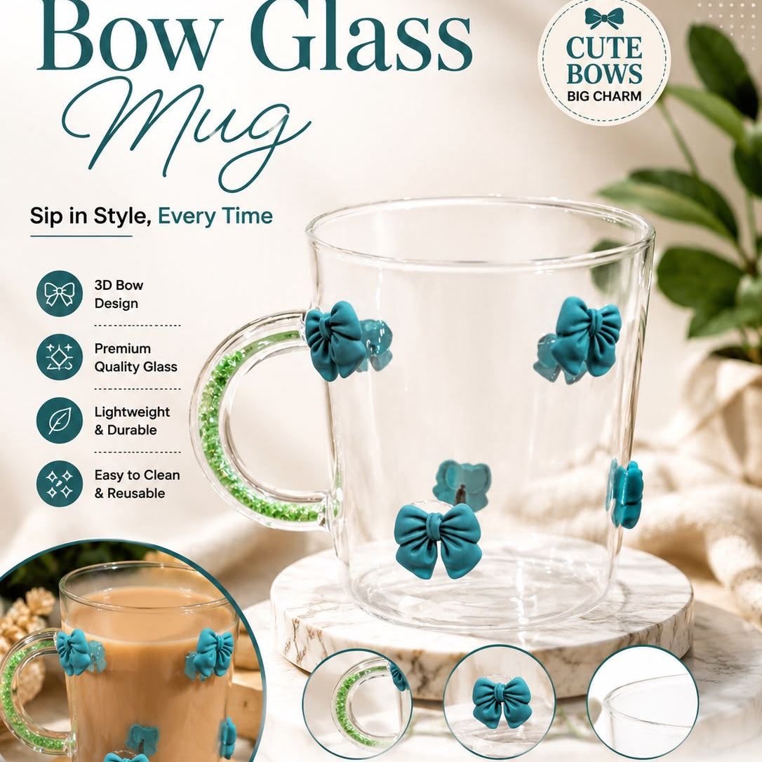 Front view of cute 3D bow glass cup filled with clear iced coffee