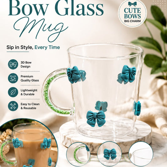 Front view of cute 3D bow glass cup filled with clear iced coffee