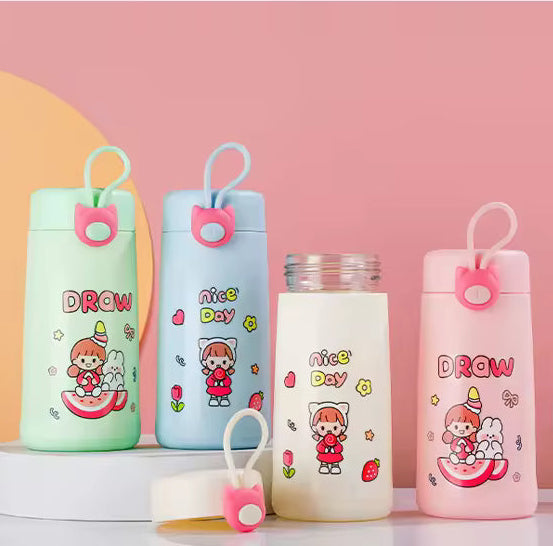 Cute character 350ml glass water bottles in four pastel colors with carrying handles