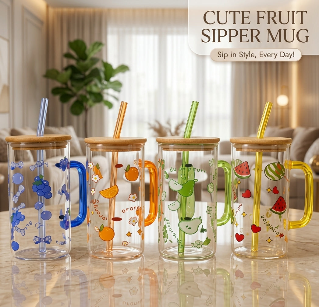 Set of four cute fruit printed glass sipper mugs with wooden lids and glass straws.