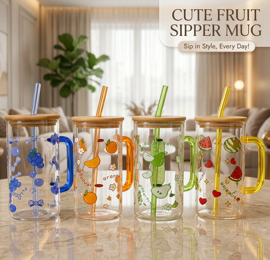 Set of four cute fruit printed glass sipper mugs with wooden lids and glass straws.