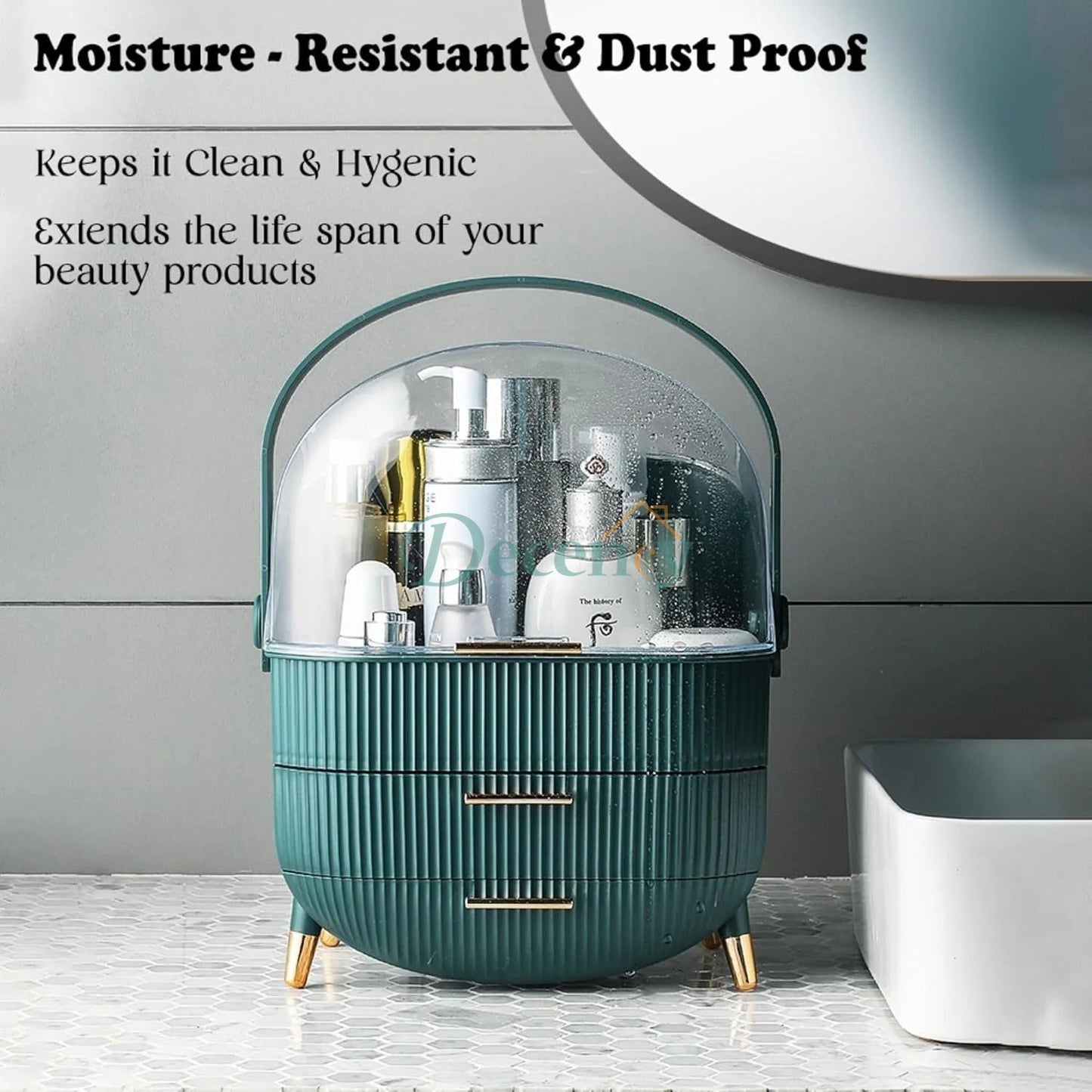 White cute makeup cosmetics organizer box with open top compartments on a vanity table in Pakistan
