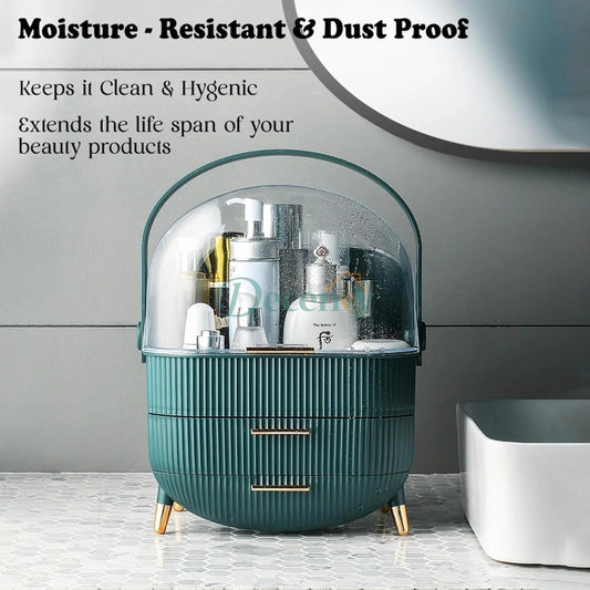 White cute makeup cosmetics organizer box with open top compartments on a vanity table in Pakistan