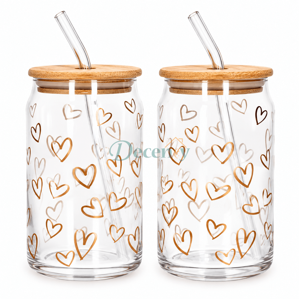 Danmy Home 2 pcs clear glass tumblers with golden heart print, wooden bamboo lids, and bent glass straws