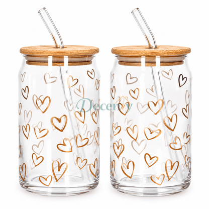Danmy Home 2 pcs clear glass tumblers with golden heart print, wooden bamboo lids, and bent glass straws