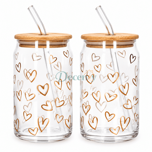 Danmy Home 2 pcs clear glass tumblers with golden heart print, wooden bamboo lids, and bent glass straws