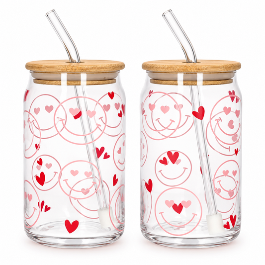 Danmy Home 2 pcs heart smiley printed clear glass can tumblers with bamboo lids and glass straws