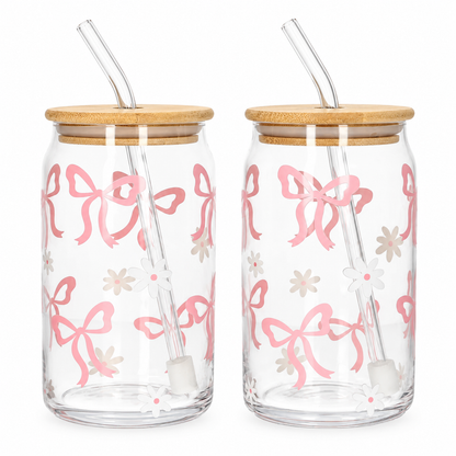 Danmy Home 2 piece set of clear can-shaped glass tumblers with pink bow design, wooden bamboo lids, and glass straws