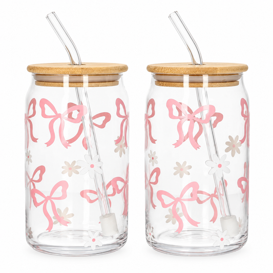 Danmy Home 2 piece set of clear can-shaped glass tumblers with pink bow design, wooden bamboo lids, and glass straws