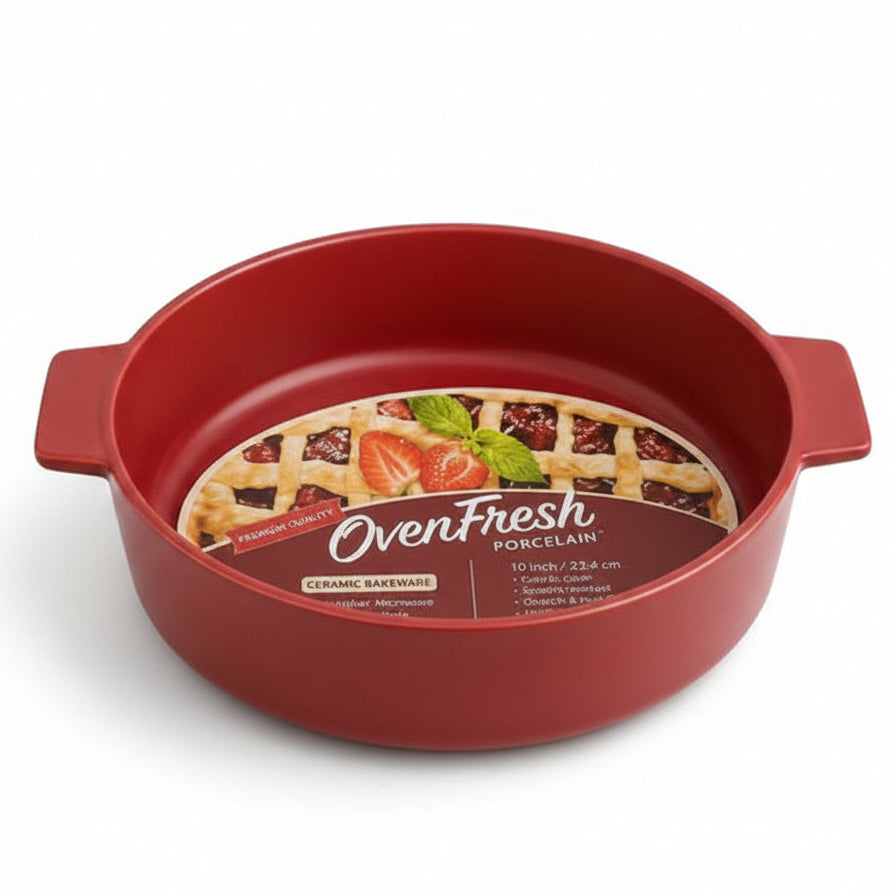 Danny Home 10-inch red ceramic baking dish placed on a kitchen countertop