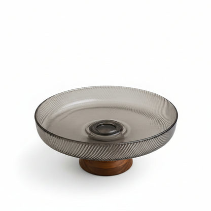 Danny Home 10 inch grey ribbed glass fruit bowl on a marble kitchen island counter