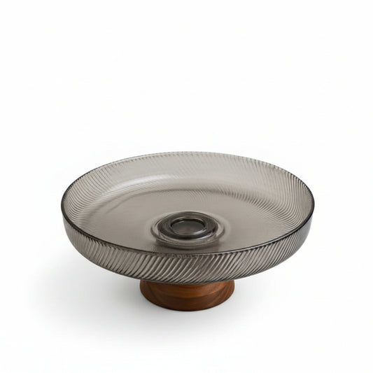 Danny Home 10 inch grey ribbed glass fruit bowl on a marble kitchen island counter