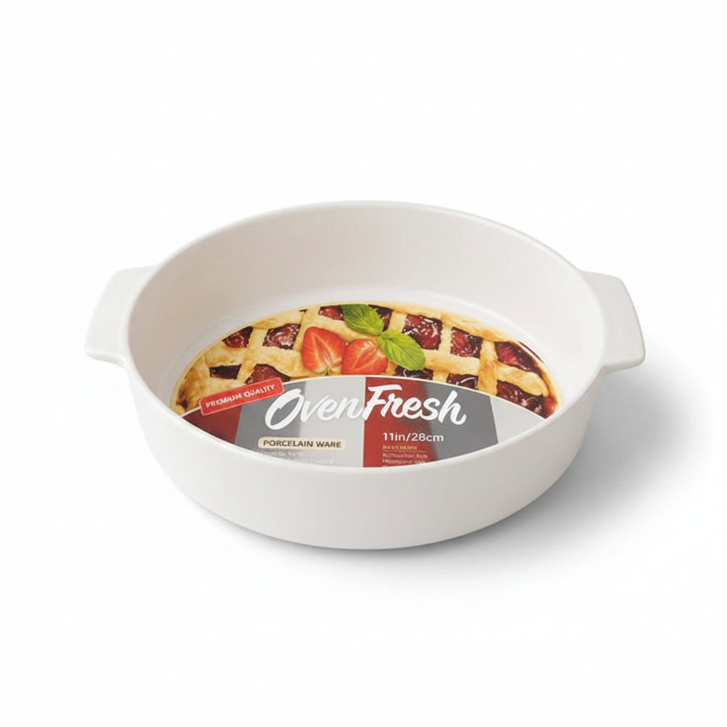Danny Home 11 inch red porcelain ceramic baking dish placed on a countertop