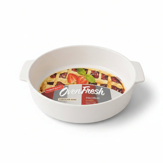Danny Home 11 inch red porcelain ceramic baking dish placed on a countertop