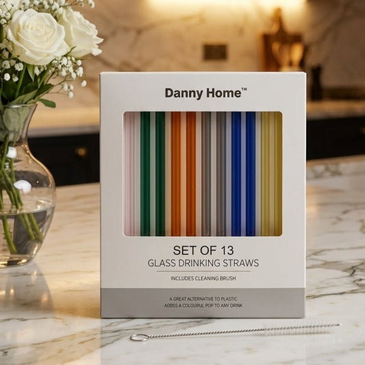 Danny Home 13-piece glass drinking straw set in original packaging box with cleaning brush.
