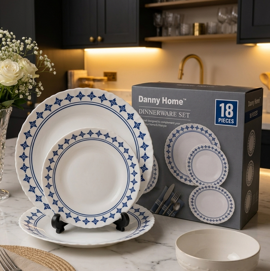Danny Home 18-piece royal blue floral opal glass dinner set displayed on marble table