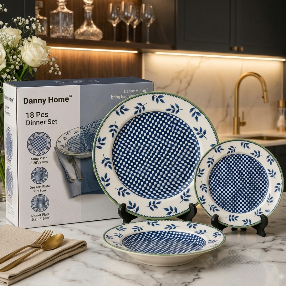 Danny Home 18-piece ceramic dinner set packaging box with plates display