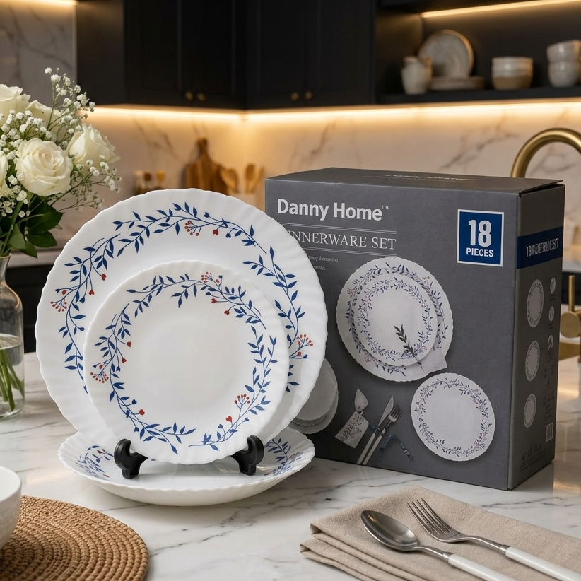 Danny Home 18-piece blue vine opal glass dinnerware set displayed on kitchen counter