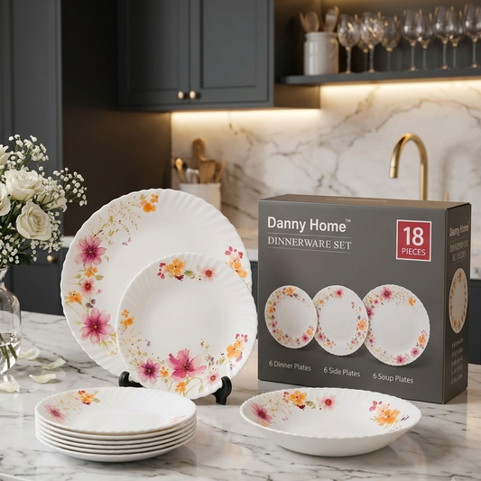Danny Home 18-piece floral bloom dinnerware set displayed on a marble kitchen counter with packaging box