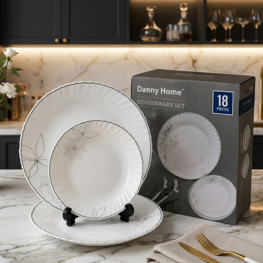 Danny Home 18-Piece white opal glass dinner set displayed on a marble kitchen counter