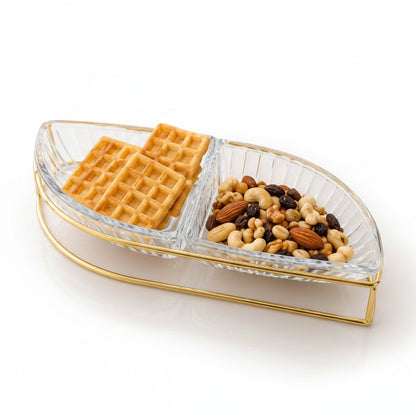 Danny Home 2-section leaf-shaped glass snack bowl filled with mini waffles and mixed nuts on a gold metal stand.