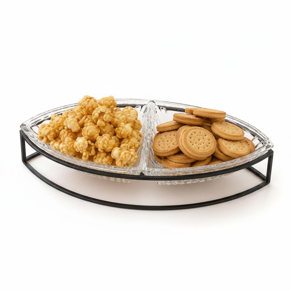 Danny Home 2-section glass snack bowl set with black metal stand filled with popcorn and biscuits.