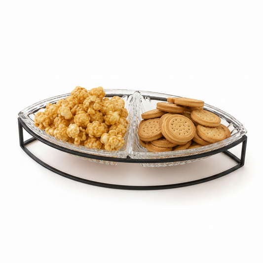 Danny Home 2-section glass snack bowl set with black metal stand filled with popcorn and biscuits.
